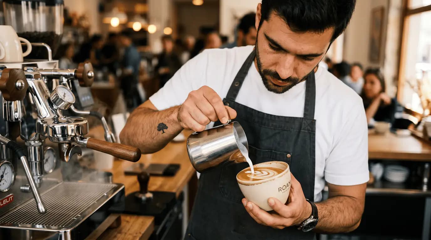Barista Roam a verter latte art numa chávena Roam — barista para eventos no Porto