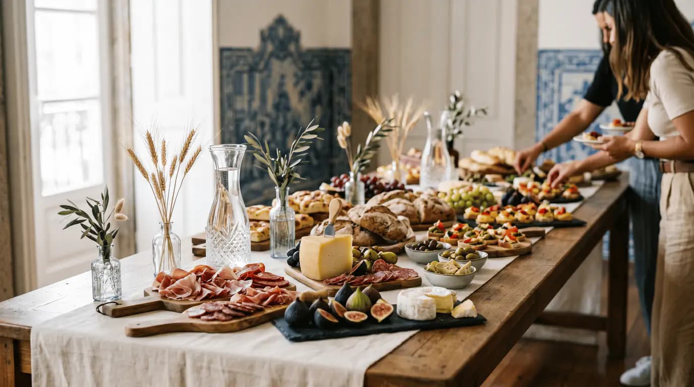 Grazing table Roam com queijos, enchidos e pão em sala com azulejos no Porto