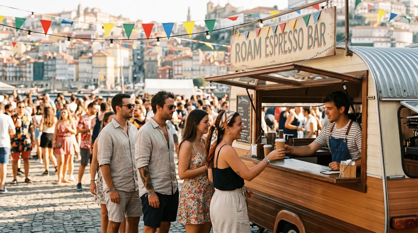 Roam Espresso Bar com fila de festivaleiros num festival na Ribeira do Porto